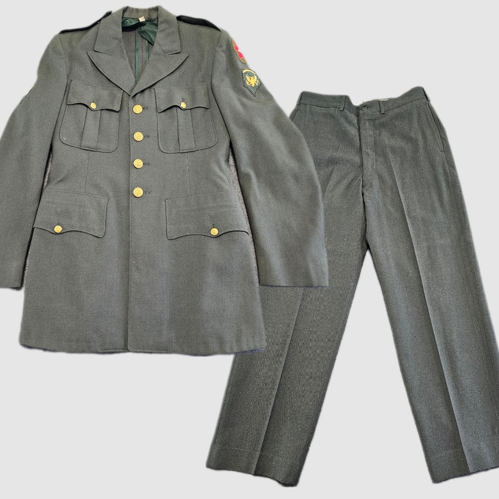 VTG 1956 Korean War Mens 38 L Wool Serge Green Army Coat & Wool Trousers 34X30